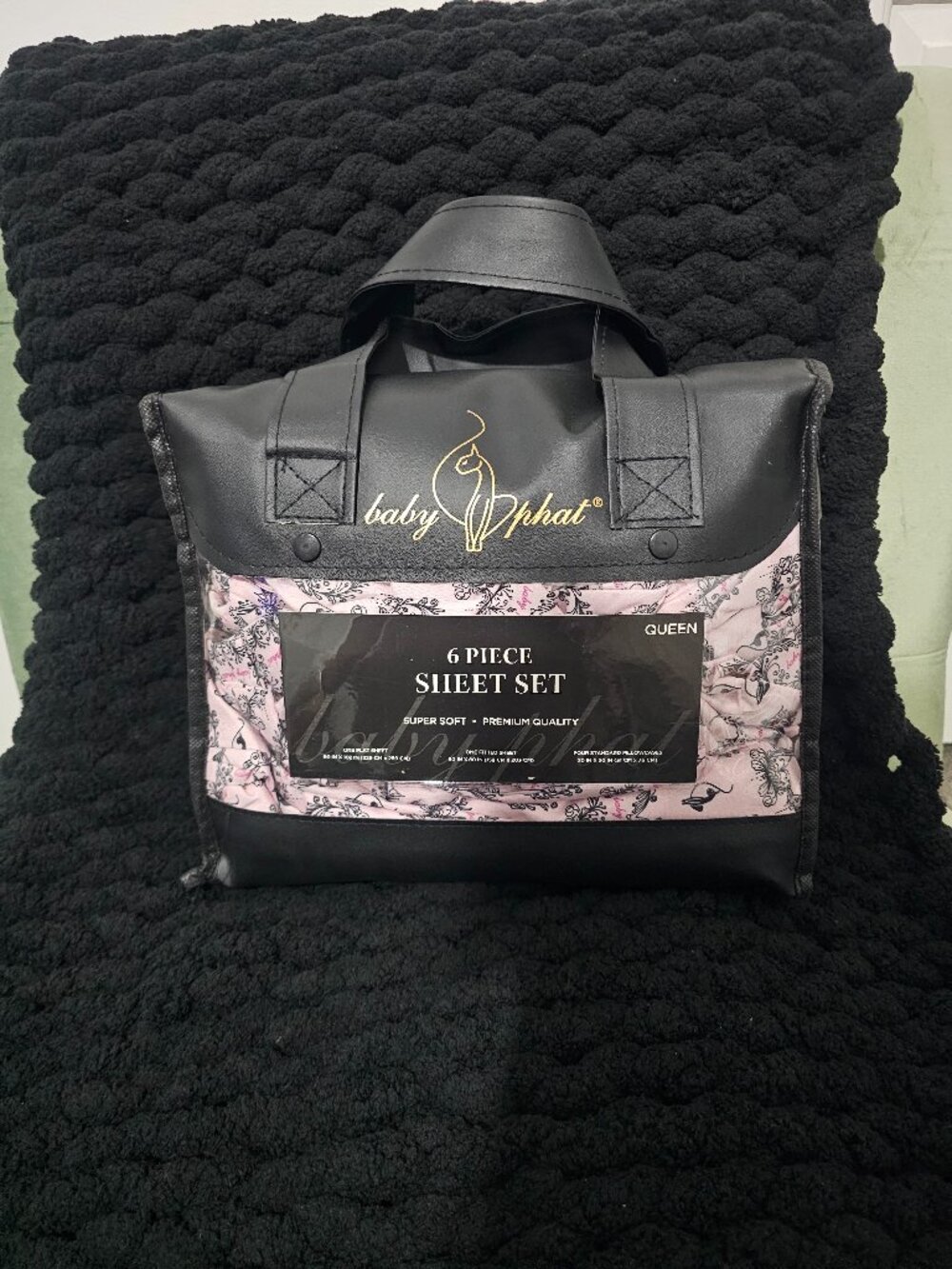 Baby Phat 6 Piece Queen Sheet Set Pink Black Logo Print NEW